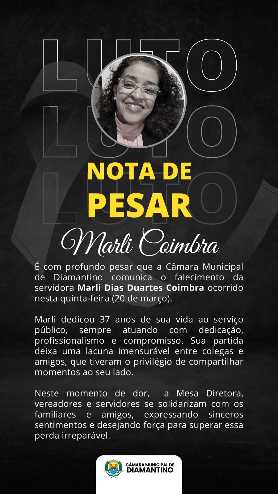 Nota de pesar pelo falecimento da servidora Marli Dias Duarte Coimbra